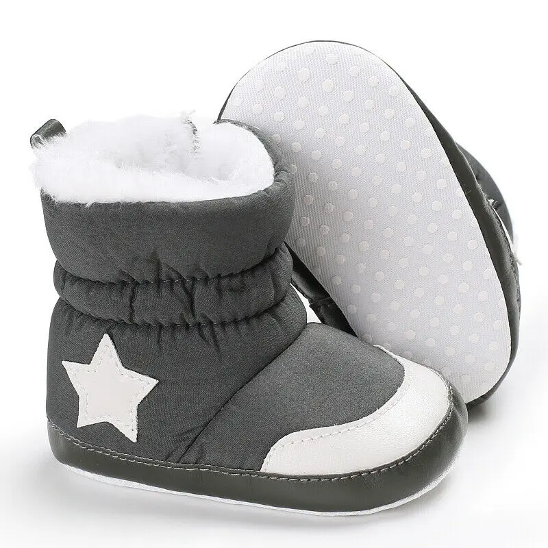 Детские ботинки; мягкие ботиночки для маленьких девочек и мальчиков; зимние ботинки для новорожденных; теплая пушистая обувь в стиле пэчворк со звездами