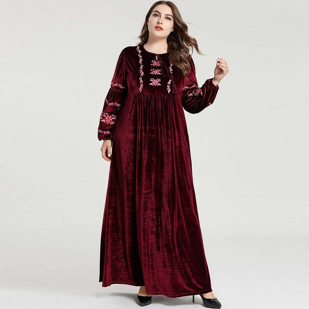 

Islamic Clothing Embroidery Long Dresses Abayas Muslim Dress Women Winter Plus Size Velvet Robe Abaya kimono Arab Dubai Robes