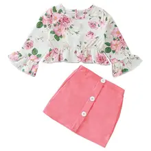 Эксклюзивная детская одежда От 1 до 5 лет одежда с цветочным рисунком для маленьких девочек одежда для малышей топ с длинными рукавами, мини-юбка, 2 предмета
