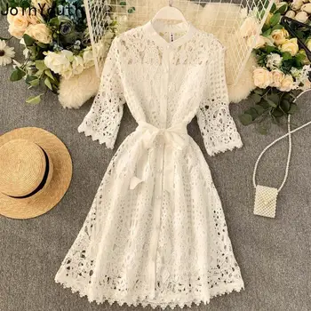 

Joinyouth 2020 Women Lace Hollow-out Dress Half Sleeve Stand Neck Midi Vestidos Single Breasted Sashes Slim Waist Dresses 58506