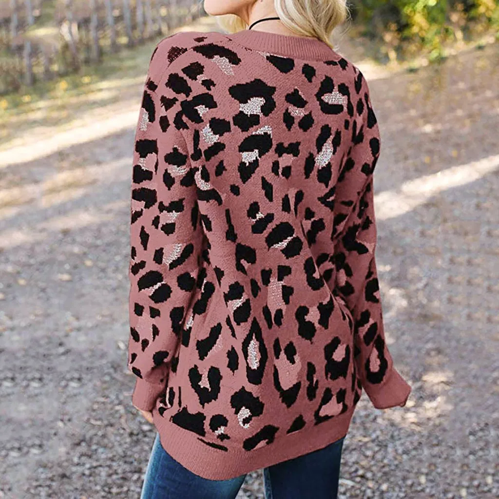 Jaycosin Fashion Casual Lady Leopard Sweater Chic Stylish Comfortable Soft Elegant Loose V-Neck Fit Tops Blouse sweater
