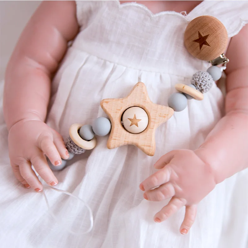 

1Pc Baby Pacifier dummy Clip Chain Beech Wooden Star Nipple Holder Food Grade Silicone Beads newborn Nursing Gifts Baby Teether