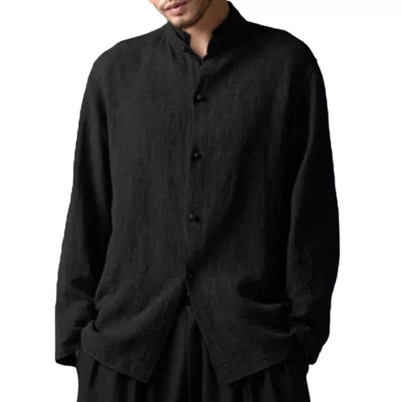 Spring Plus Size Men's Baggy Solid Cotton Linen Long Sleeve Button Shirts S-5XL Stand Collar Mens Casual Loose Tops Shirt