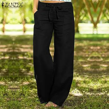 

2020 Fashion Pants ZANZEA Autumn Solid Wide Leg Trousers Vintage Cotton Long Pantalon Women Casual Zipper Work OL Pants Female