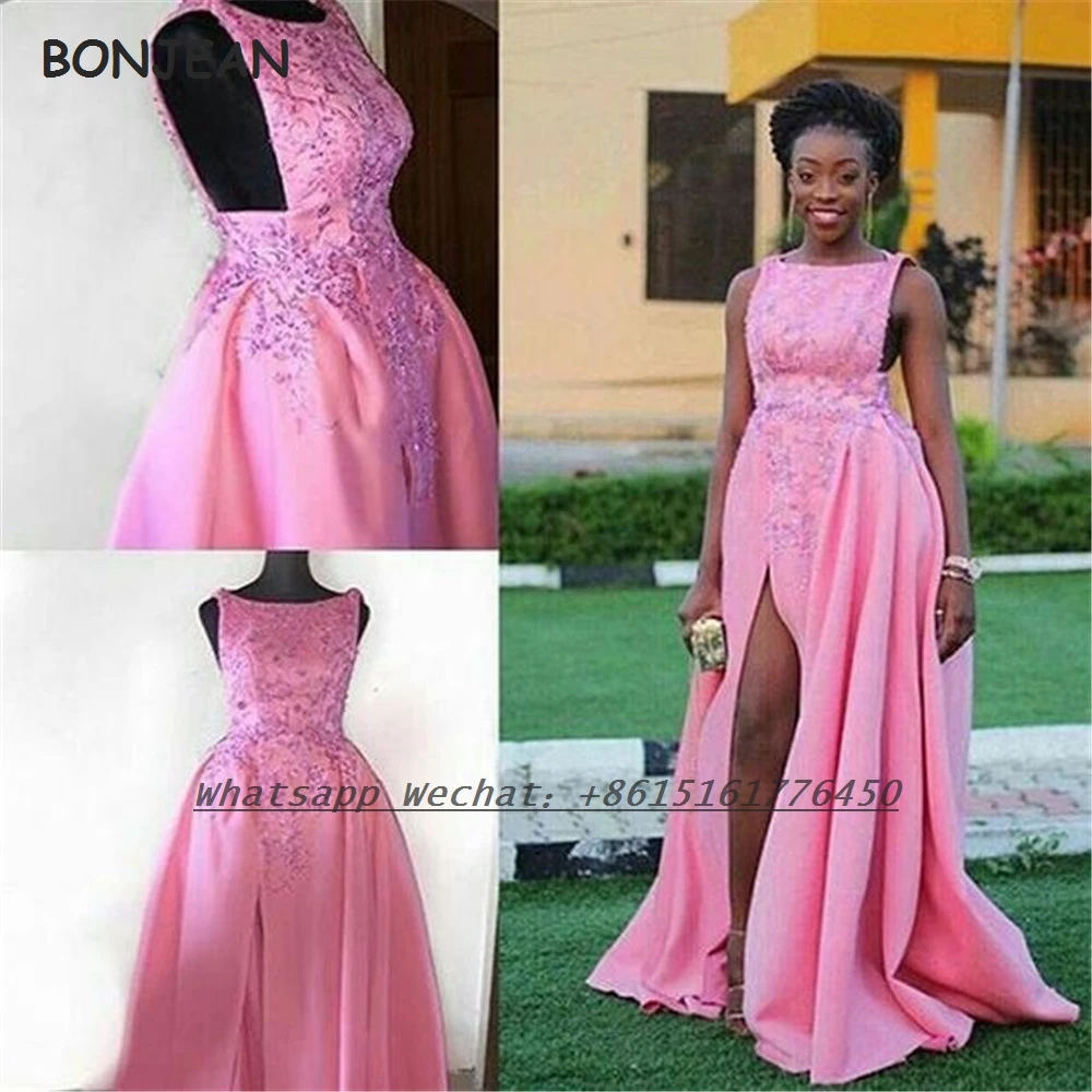 

Pink Bridesmaid Dresses 2021 A Line Satin Split Lace Appliques Beads African Bridesmaid Dress Plus Size for Women Wedding
