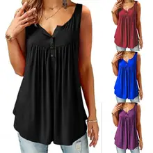 

80% New Arrival ！！！Women Solid Color U Neck Camisole Sleeveless Pleated Tank Top Button Loose Vest