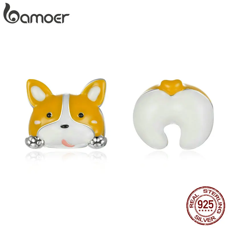 Забавные серьги гвоздики bamoer из 925 пробы серебра Corgi для девочек эмалированные Асимметричные