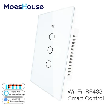

WiFi Smart Wall Light Switch Glass Panel RF433 Wireless Smart Life Tuya APP Remote Control Works With Alexa Google Home 3 Gang