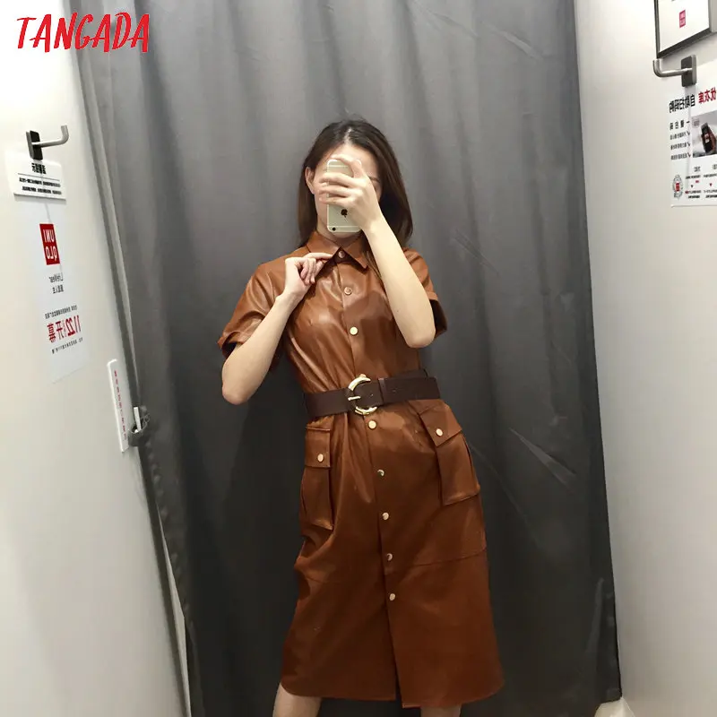 Tanie Tangada kobiety PU faux skórzana sukienka z paskiem z krótkim rękawem retro elegancka damska brązowa sukienka midi vestido 3H166
