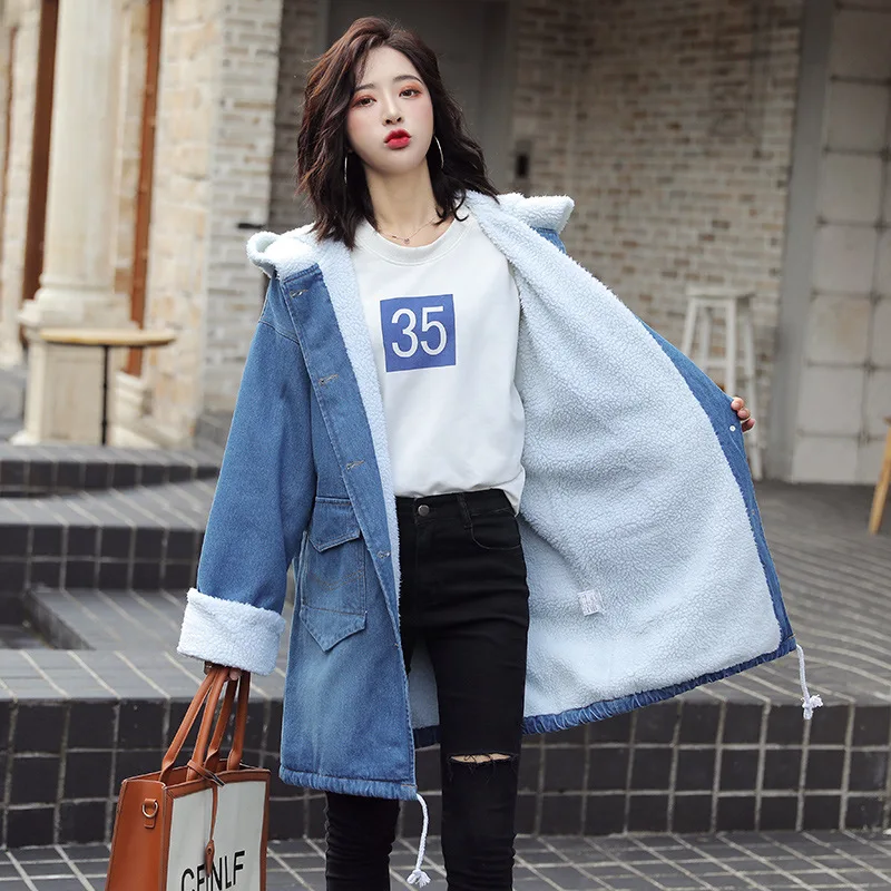 

2019 Winter Korean-style Large Size Students Mid-length Berber Fleece Hooded Brushed And Thick Jeans Coat Trench Coat