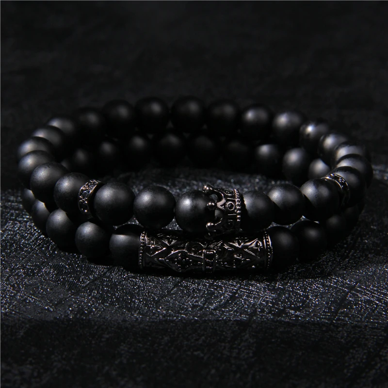 【新入荷】高品質ブラックオパールブレスレットS925(新品未使用)アジャスター付 Luxury 2pcs Beaded Bracelets Men Black Onyx Natural Stone