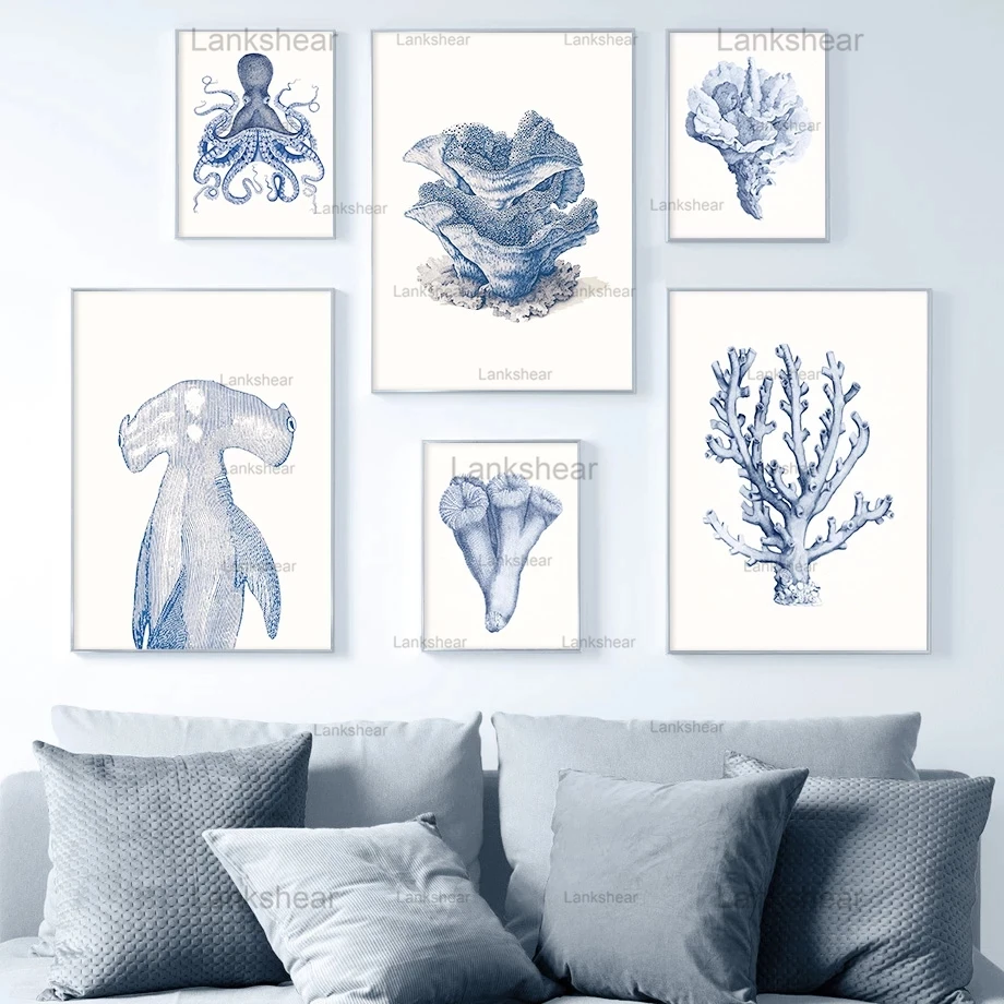 

Vintage Wall Art Canvas Painting Fossil Coral Sea Fish Octopus Tree Nordic Posters and Print Wall Pictures for Living Room Decor