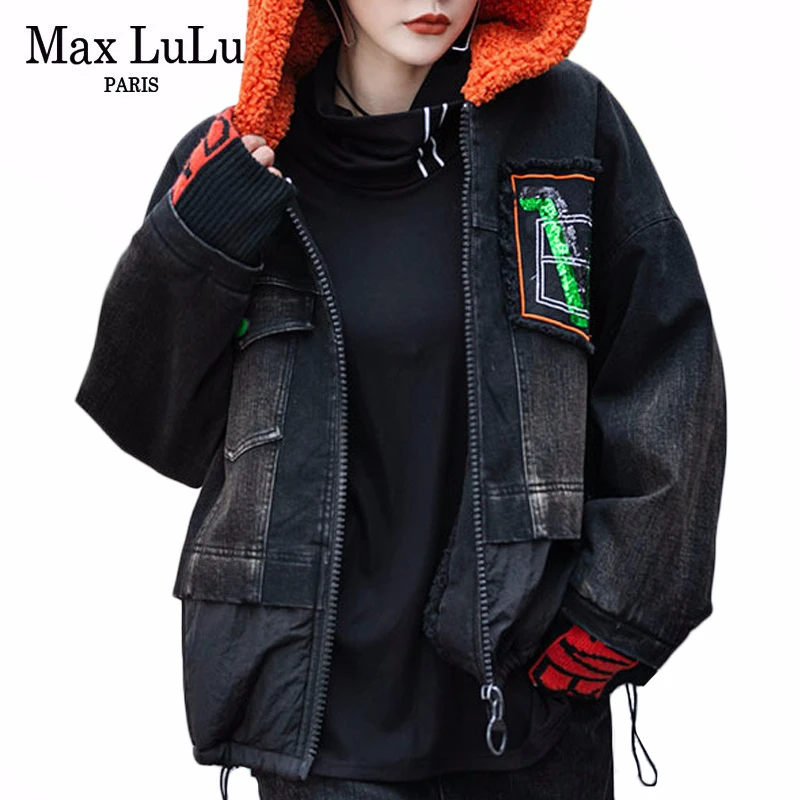 Max LuLu Новая корейская модная женская одежда в стиле панк женские джинсовые Зимние куртки Утепленные меховые пальто винтажные парки с капюшоном и принтом