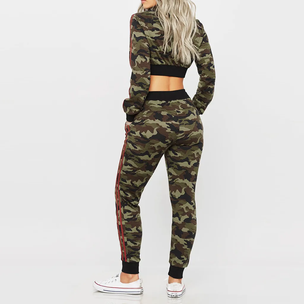 Casual Suit Fashion Women Clothing Long Sleeve Pocket Lacing Zipped Camouflage Print Pants Casual Set Outdoor Sport Running Suit