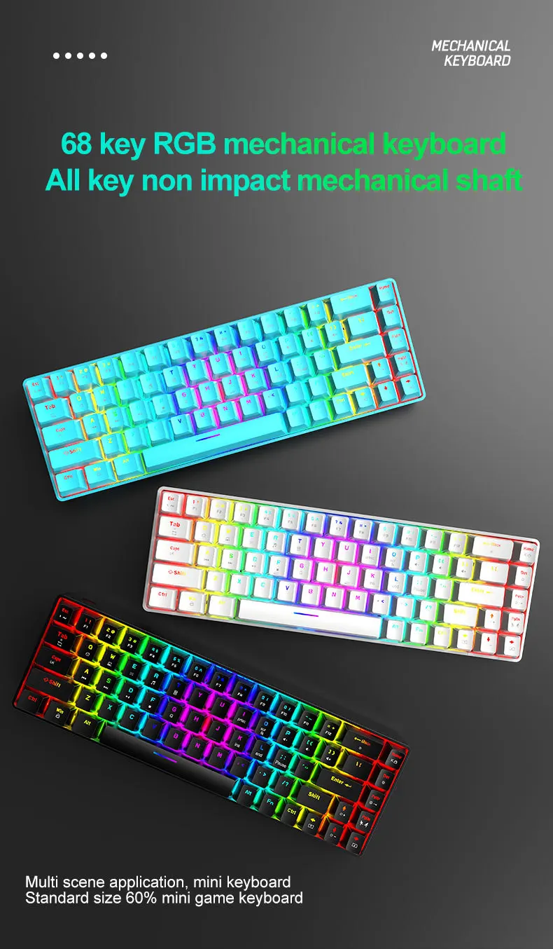 RGB игровая Механическая Проводная клавиатура с 68 клавишами небольшая