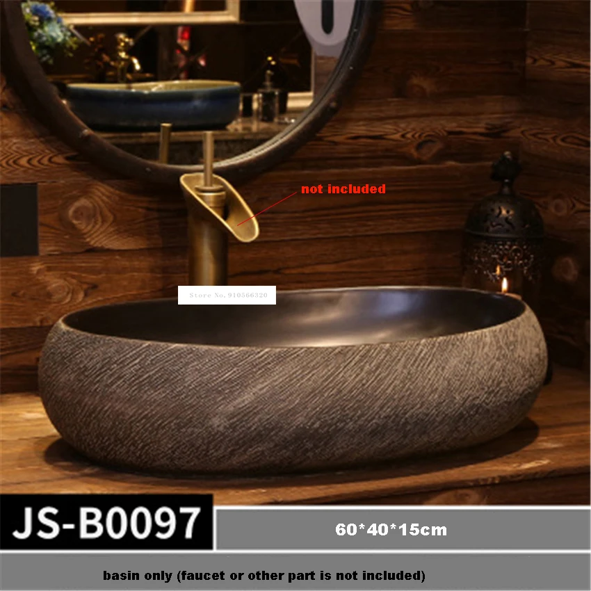 JS-B0097/JS-B0098/JS-B0099/JS-B0100 European Style Oval Basin Handmade Ceramic Sink Hand Washing Basin Bowl Above Counter