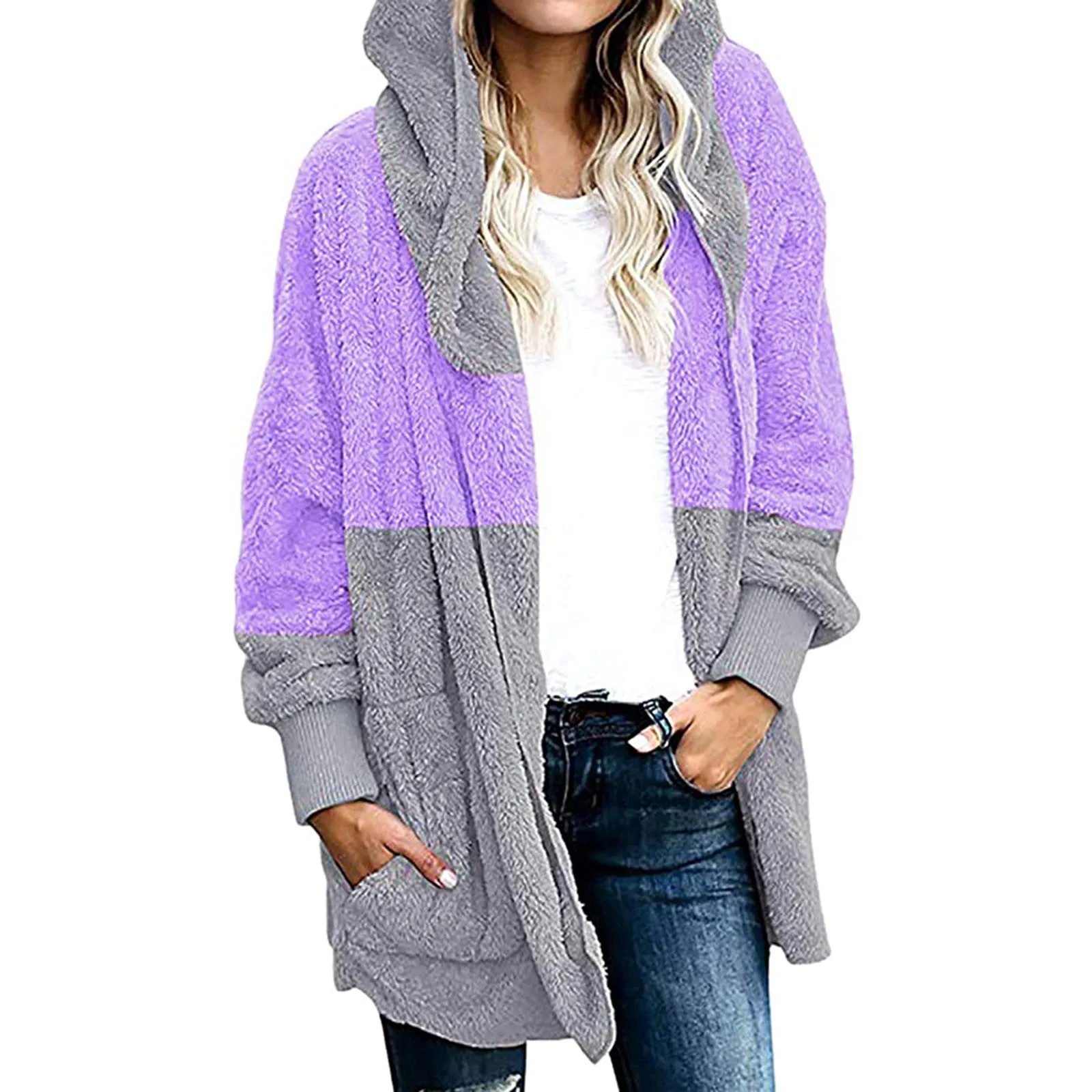 Fashion Winter Women Hooded Cardigan Long Sleeve Sweaters T-shirt Autumn Patchwork Blouse Clothing Fleece Coat Tops Jersey Mujer 2