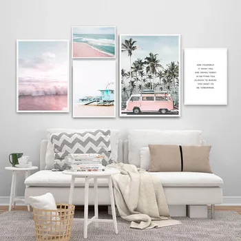 

Ocean Landscape Canvas Poster Nordic Style Beach Pink Bus Wall Art Print Painting Decoration Picture Scandinavian Home Decor
