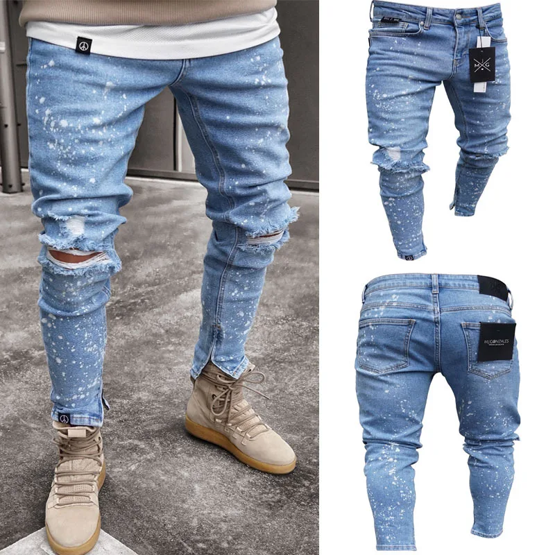 Mens Ripped Big Holes Jeans Splashing Ink Biker Skinny Pencil Jean Pants Distressed Motorcycle Streetwear Denim 5
