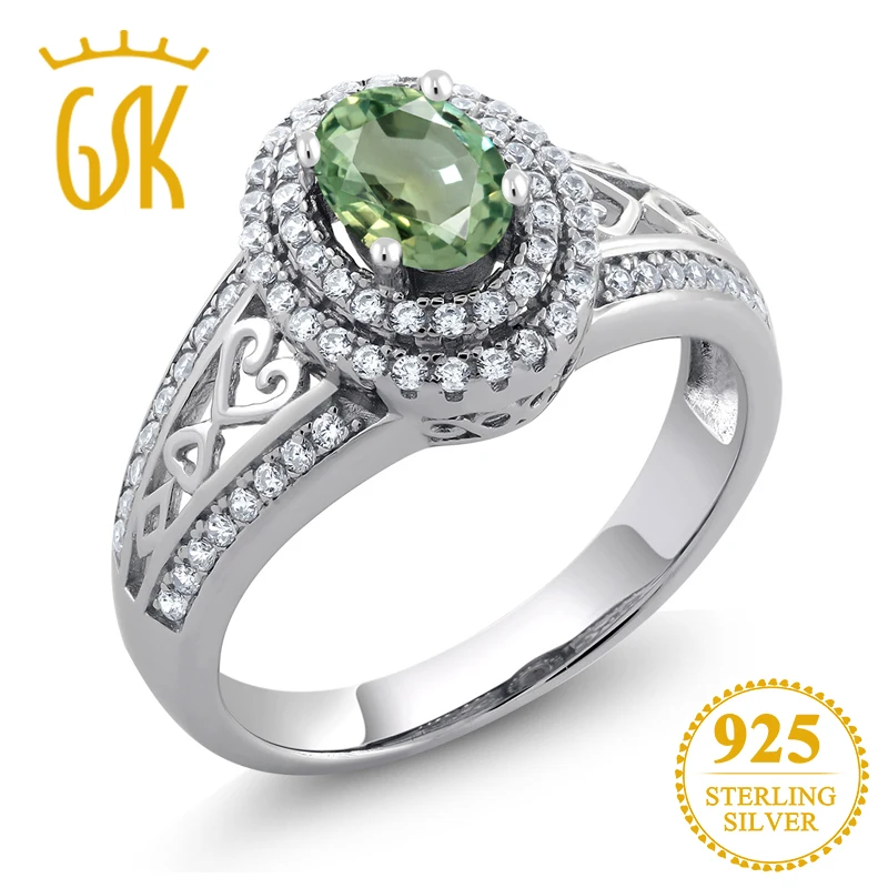 GemStoneKing 1,41 карат Овальный натуральный зеленый сапфир винтажные кольца с драгоценными камнями 925 пробы серебряные ювелирные изделия для женщин