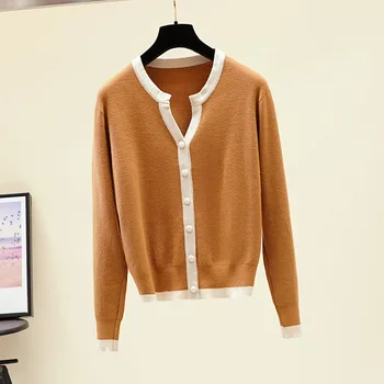 

Ladies Contrasting Color V-neck Long Sleeve Button Knitted T-shirt New red