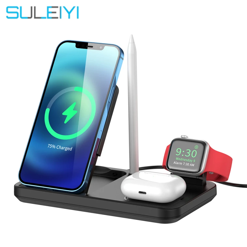 4 in 1 Lift Foldable 15W Qi Fast Wireless Charger Stand For iPhone 12 11 X 8 Apple Watch Holder Wireless Charger for Airpods Pro