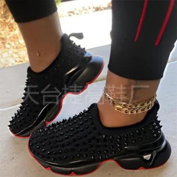 

2020 Spring Women Sneakers Shoes Flat Slip on Platform Sneakers for Women Black rivet Breathable Mesh Sock Loafers women shoes