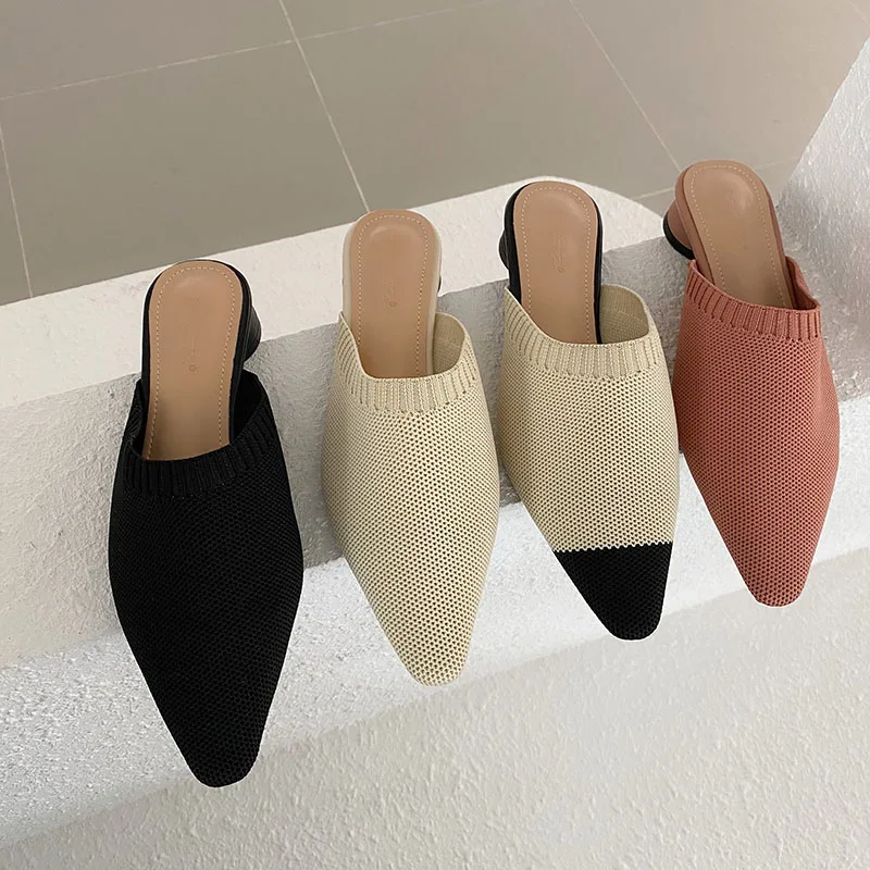 

Fashion Pointed Toe Women Slippers Knitted Slide Mules Shoes Round Heels Casual Slippers Summer Slides Outdoor Comfortable Shoes