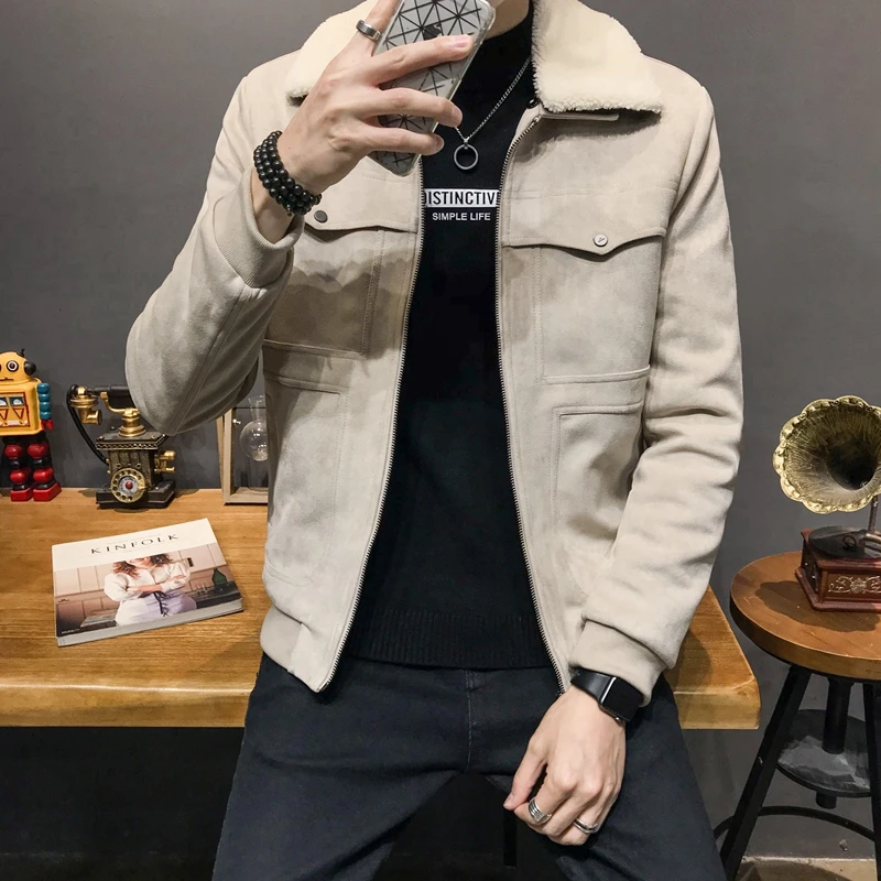 Хаки Г. nueva chaqueta de cuero de ante forrada de algodón para invierno con capucha cuello de abrigos de piel sinttetica Hombre Abr - Цвет: Хаки