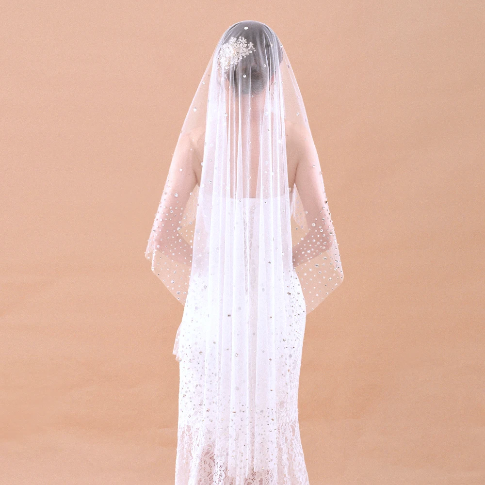 

V29 Crystal Diamonds Wedding Veils Bling Glitter Veil Luxury Rhinestone Shining Edge Appliques Bridal Veils White Ivory Tulle