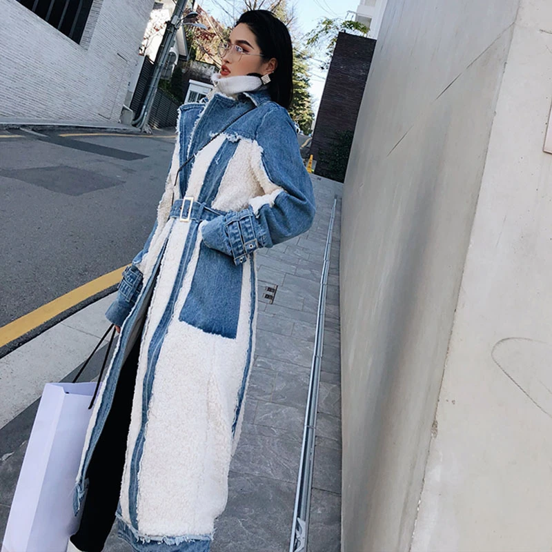 CHICEVER хит цветной лоскутный джинсовый Тренч с кисточками женский воротник с лацканами высокая Талия пояса ветровки женские осенние новые