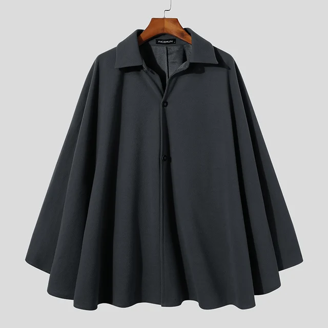 INCERUN Fashionable Ponchos New Men's Autumn Winter Casual Sleeveless Cloak Male Loose Comfortable Buttons Cape Coat S-5XL 2021 Dark Gray