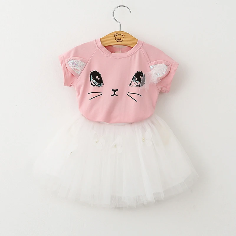 Платье для девочек; коллекция года; летний комплект одежды для детей; футболка с милым кроликом и платья с вуалью для девочек - Цвет: AZ172 pink
