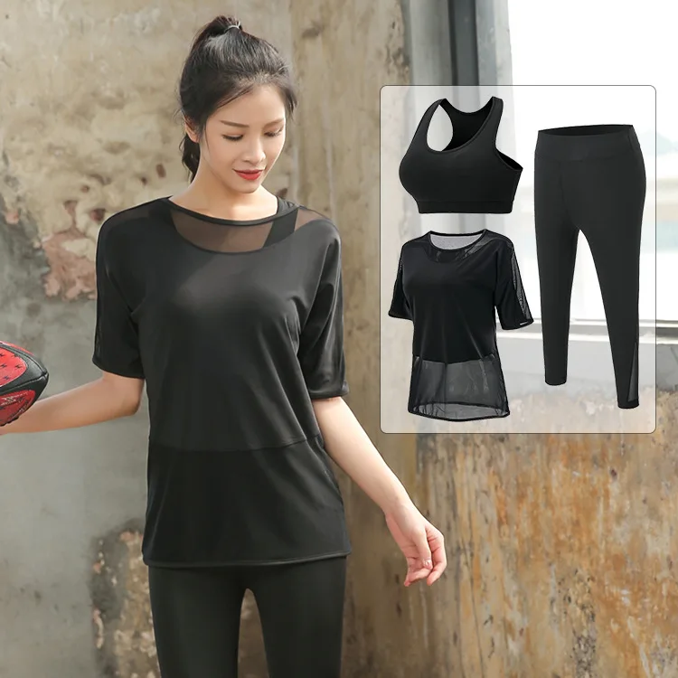 

2019 Summer New Style Yoga Clothes Female Black Gauze Three-piece Set Running Fitness Suit Large Size Loose-Fit Set