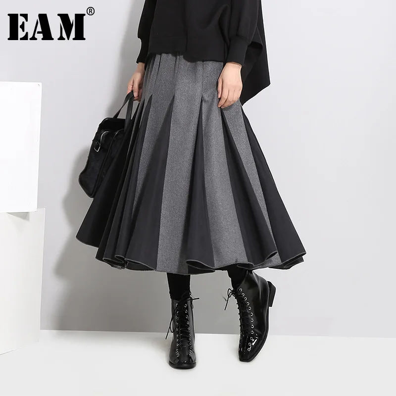 

[EAM] High Elastic Waist Gray Split Joint Temperament Woolen Half-body Skirt Women Fashion Tide New Spring Autumn 2019 1D754