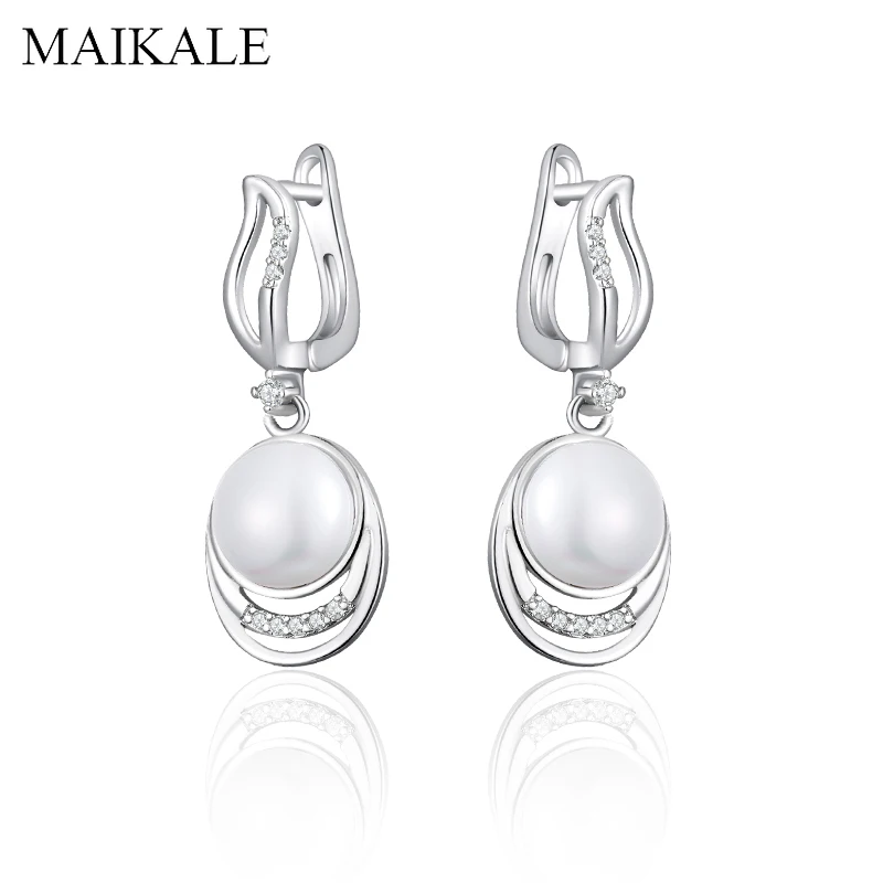 

MAIKALE Trendy Geometric Silver Drop Earrings with Pearls Paved AAA Cubic Zirconia Pearl Earrings for Women Jewelry Accessories