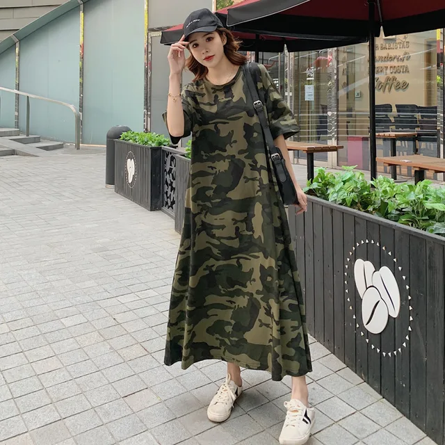 Loose Casual T Shirt Maxi Dress Women Summer 2021 Plus Size Camouflage Dresses with Side Pockets for Home Long Cotton Tees 2