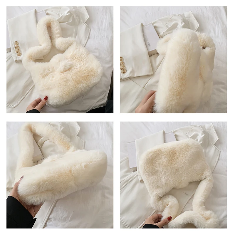 Solid Plush Bags Soft Fluffy Bag For Women 2021 Winter New Furry Bags Luxury Designer Handbag Faux Fur Shoulder Bags Comfortable