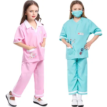 

Children Girls Scrub Sets Kids Hospital Medical Uniform Nurse Cosplay Costumes Scrub Tops+pants Vet Doctor Christmas Gift