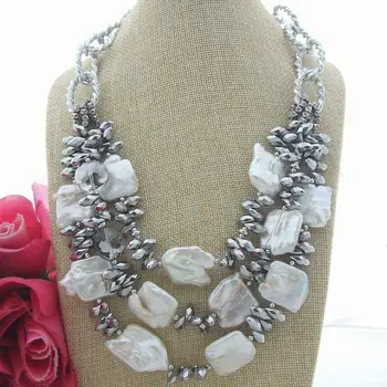 

S122706 21" 3 Strands White Square Keshi Pearl Crystal Necklace