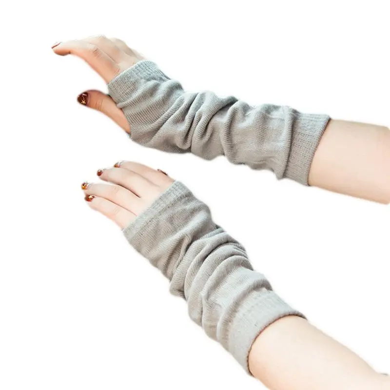 Для женщин, для девочек, зимние вязаные перчатки без пальцев, с рюшами, одноцветные, до локтя, Длинные рукавицы, теплые, защитные, половина - Цвет: Серый