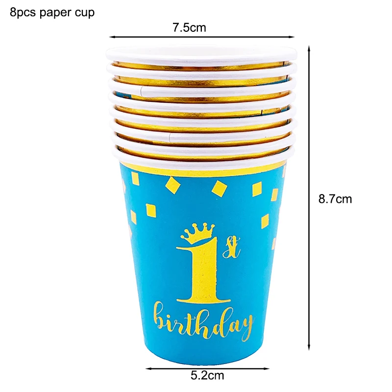 8pcs cups 1-й первый день рождения принадлежности синий розовый одноразовая скатерть бумажные тарелки салфетки чашки набор один год День рождения украшения - Цвет: 8pcs cups
