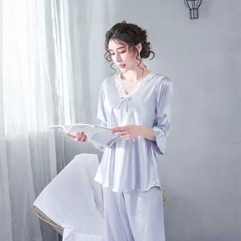

Lace thin home service ladies 2020 spring and summer new simulation silk sexy pajamas two-piece sleeve casual
