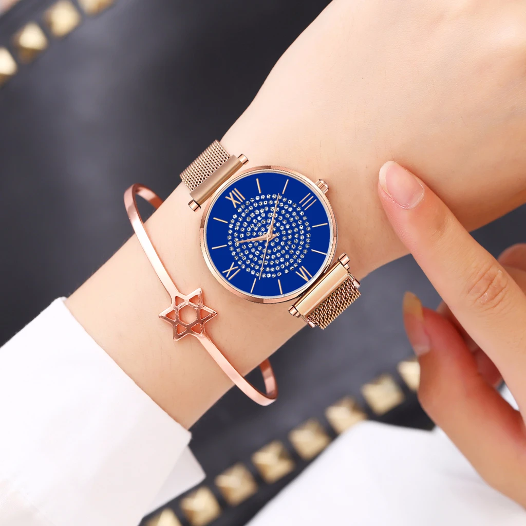 

Women Magnet Buckle Full Diamond Watch Luxury Ladies Stainless Steel Quartz Watch Clock Relogio Feminino