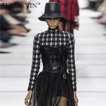 

TVVOVVIN High Lead Long Sleeve Temperamental Knitting Plaid Self-cultivation Thin Elastic Force Sleeve Head Sweater Woman L527