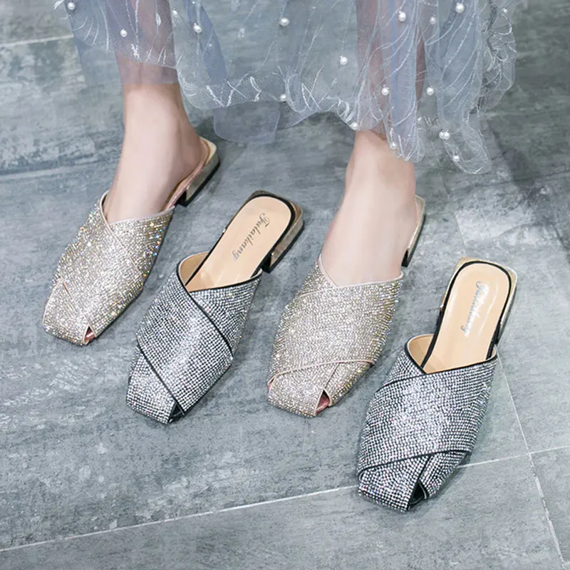 

Closed-toe ban tuo xie Women's 2019 Summer New Style Versatile Chunky-Heel Man-made Diamond Lazy Muller Shoes Network Red Fashio