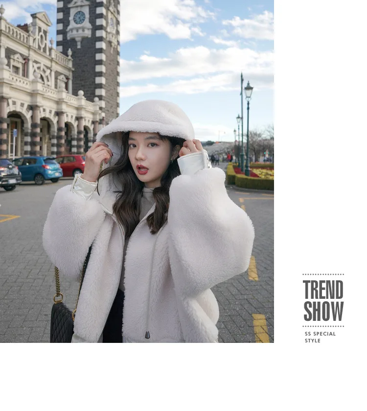 Фото фотосессия основной толчок шикарный ягненка шерсть Off-white свободный крой с капюшоном на шнуровке молнии сустава макет Двухсекционный Хлопок пальто женщин