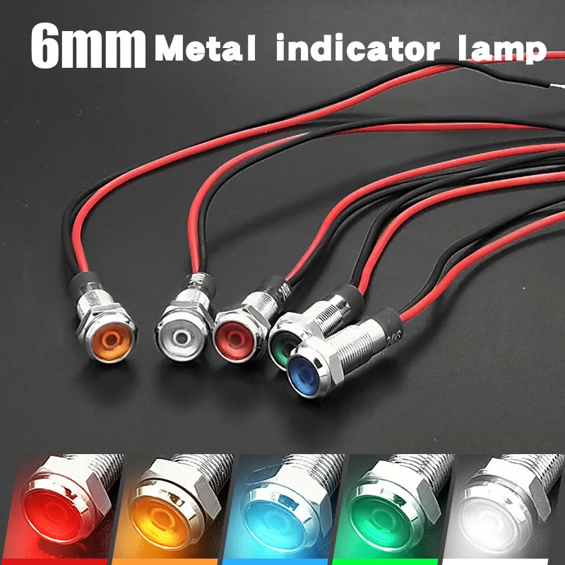 

1pcs 6mm Flat head LED Metal Indicator light waterproof Signal lamp 3V 5V 6V 12V 24V 220v with wire red yellow blue green white