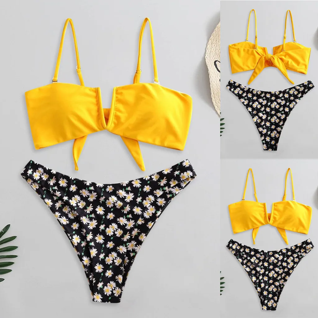 

2020 New Arrival Bathing Suit For Bathers Women Flower Print High Cut V Neck Split Bikini Pad Swimwear Sexy Swimsuit Beachwear