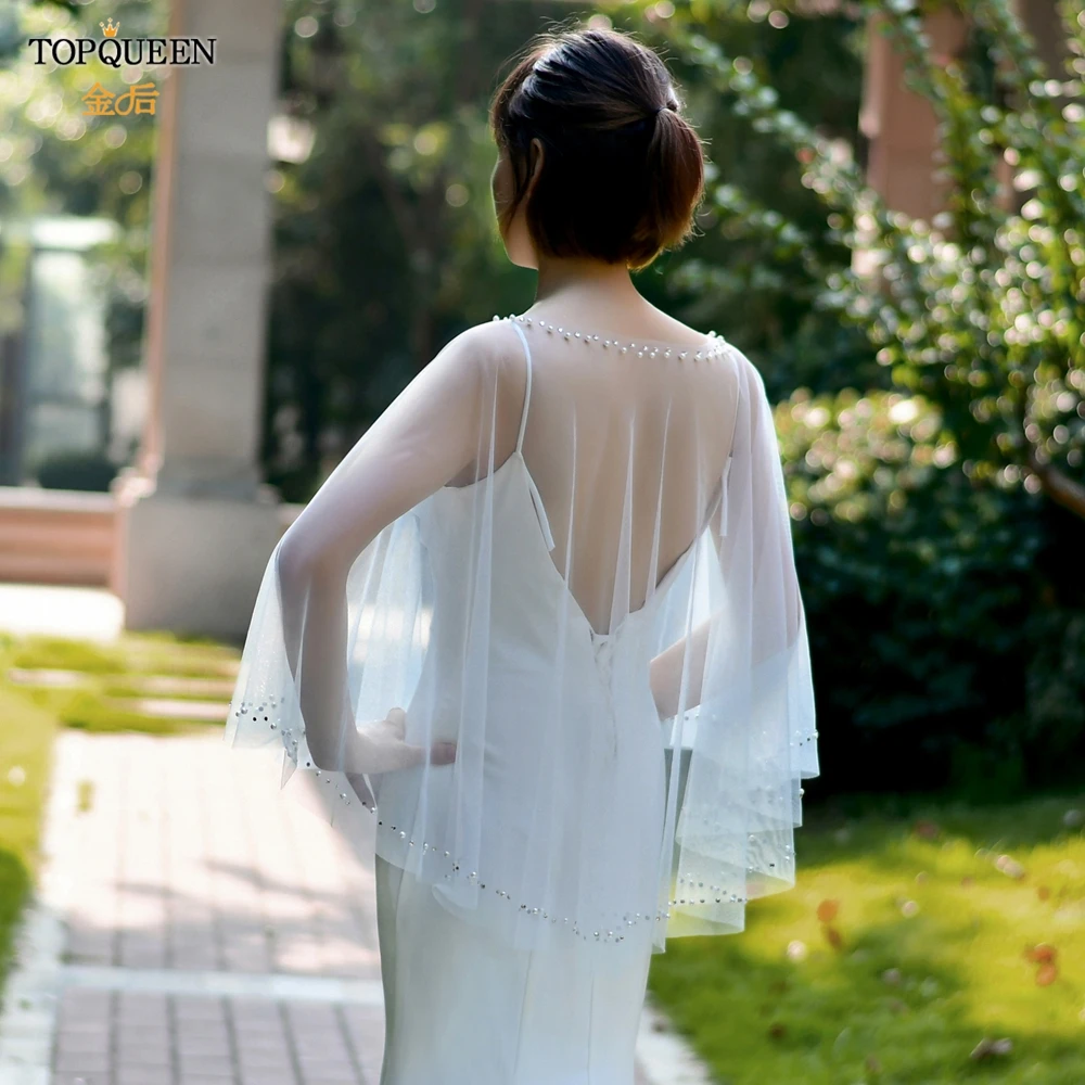 TOPQUEEN G27 Bolero Women Jacket Cape Pearls Beaded Piping Round Neck Sleeveless Cape Bridal Shawl Jacket Party Dress DIY